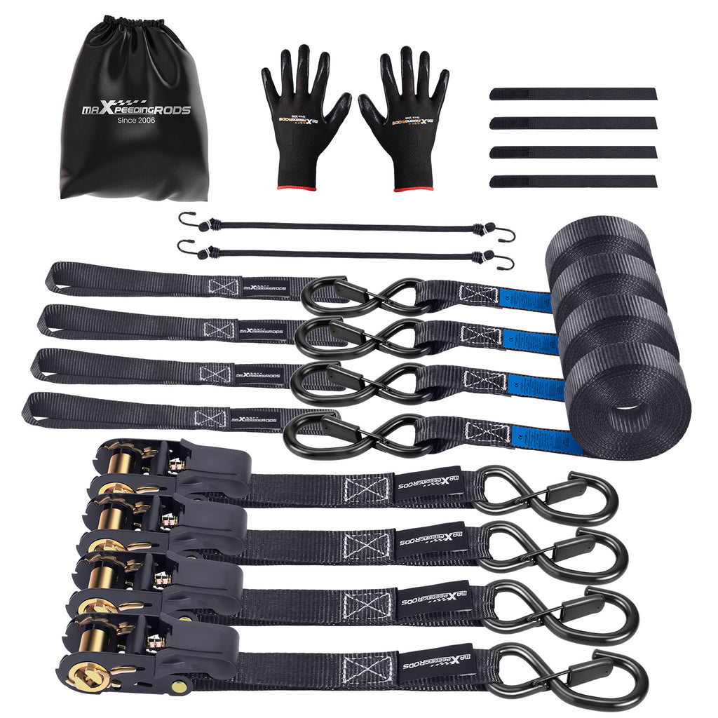 4x Ratchet Straps met Hooks Tie Down Straps Lorry 997kg 4.5m Black