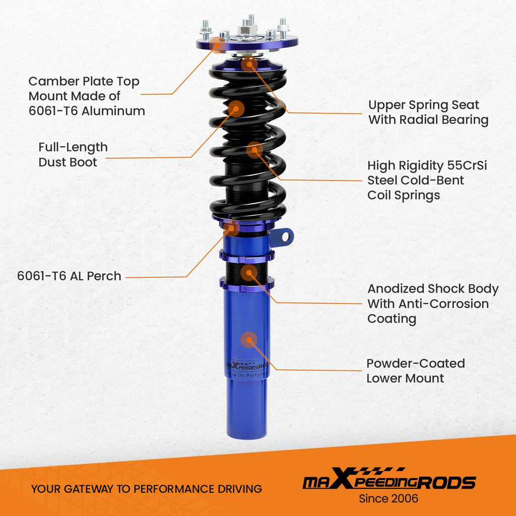 Coilovers passar till BMW 5-serie E39 sedan 1995-2003 | Coilovers sänkning 1-3 tum, inkl. camberplattor