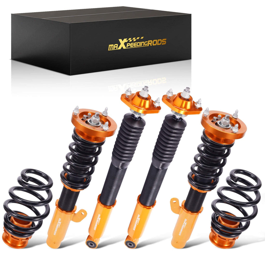 Sett med skruefjærer og 2 bærearmer, passer til BMW 3-serie E46 1998–2007 | Coilovers med senking på 25–75 mm, inkl. camberplater