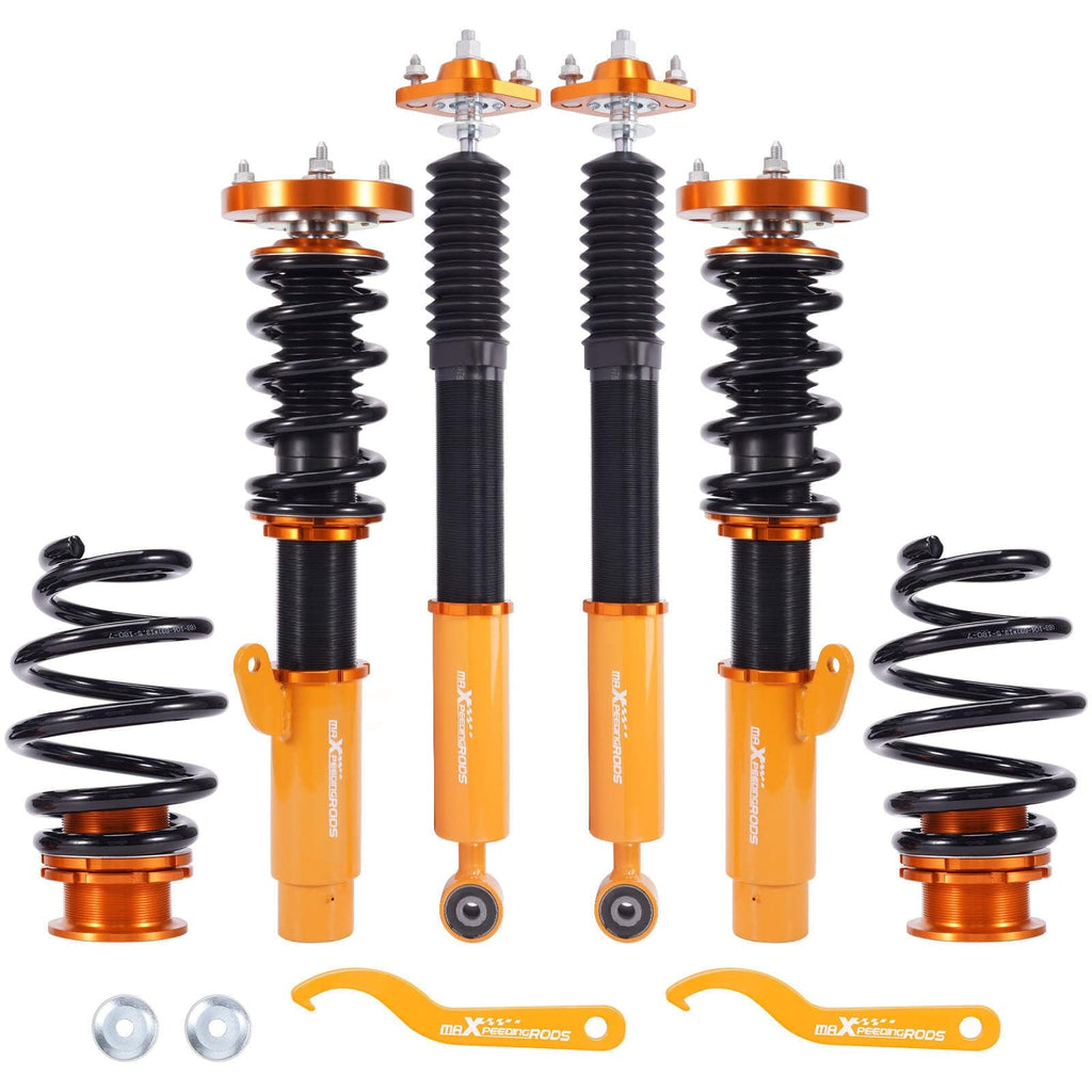 Sett med skruefjærer og 2 bærearmer, passer til BMW 3-serie E46 1998–2007 | Coilovers med senking på 25–75 mm, inkl. camberplater