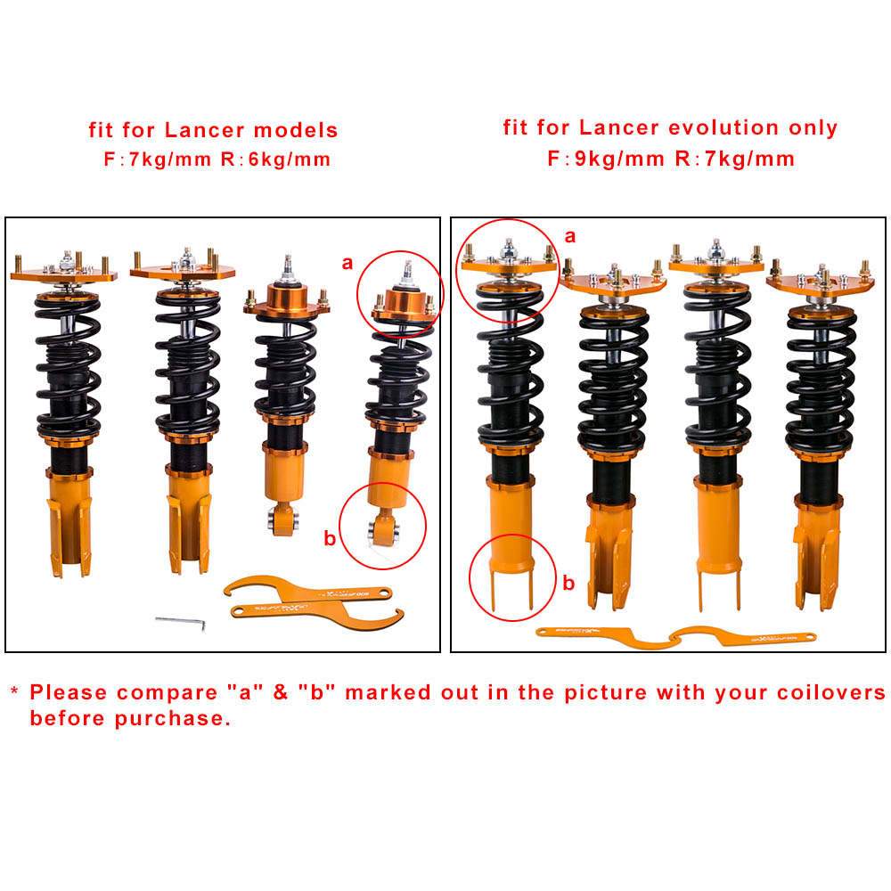 Coilovers lämpliga för Mitsubishi Lancer Evolution 7, 8, 9 (CT9A) 2001-2007 | Coilovers 24-stegs justerbar dämpning, inkl. camberplattor