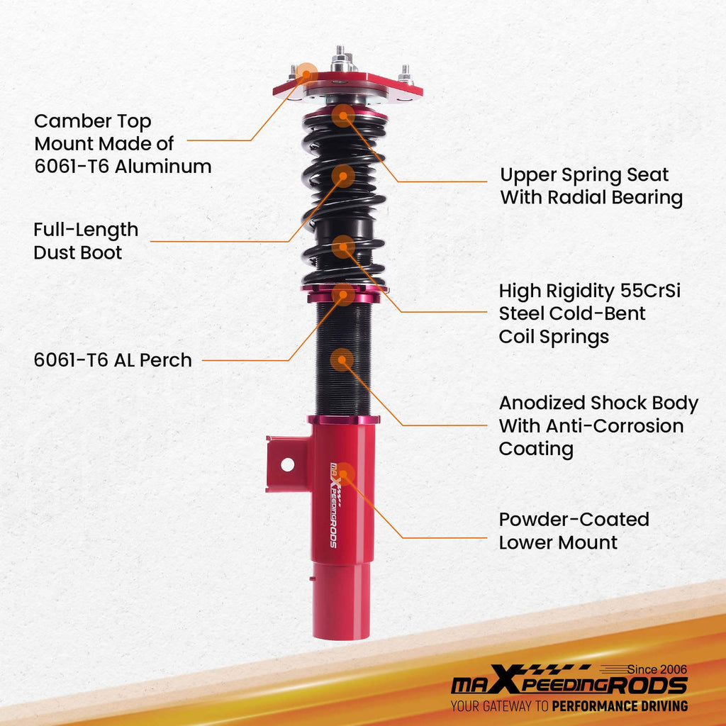Coilovers (gevindundervogn) passer til VW Golf 5 6 (MK5 MK6), Jetta 5 6 (2003-2019) | Coilovers sænkning 25-75 mm, camberplader foran
