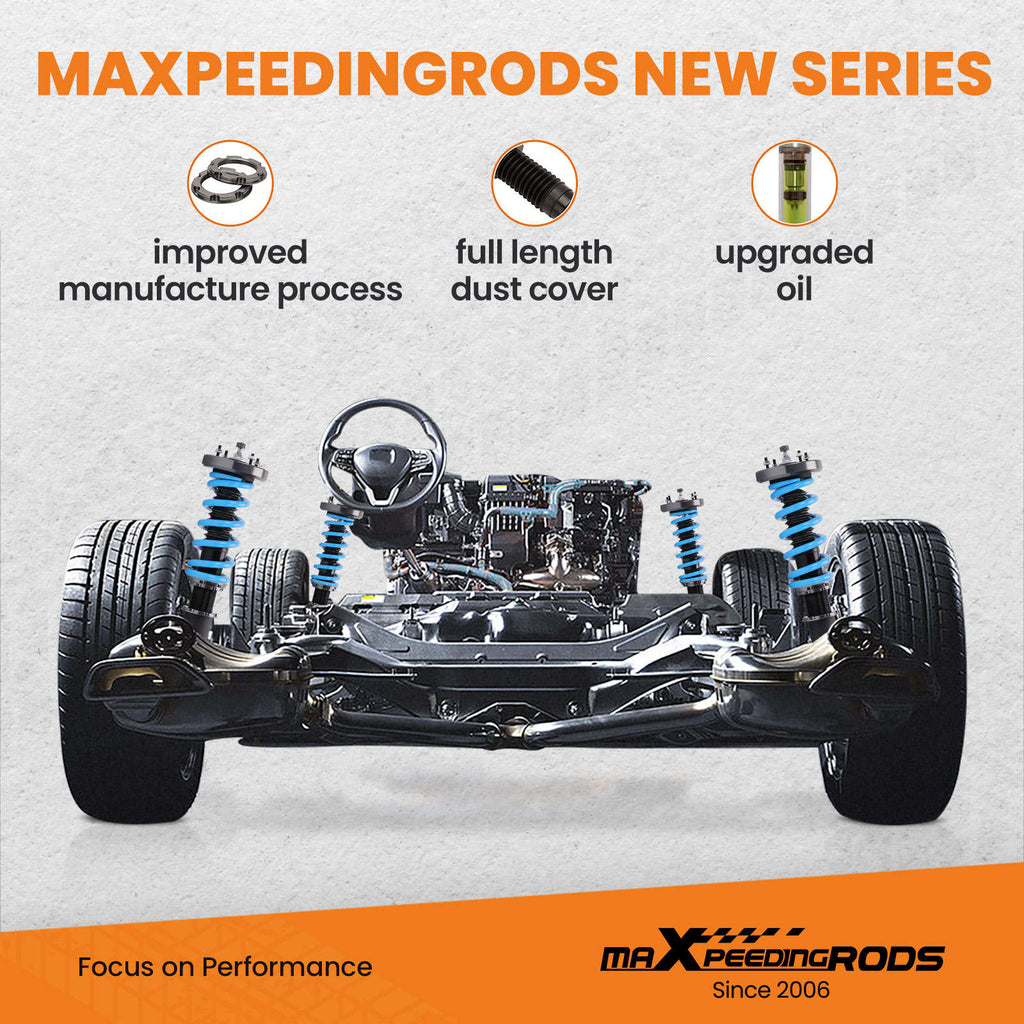 Maxpeedingrods T6 coilovers (gängade stötdämpare) passar till Jaguar XJ X350 (XJ8, XJR) 2003-2009 | 24-stegs justerbara coilovers, sänkning 25-75 mm