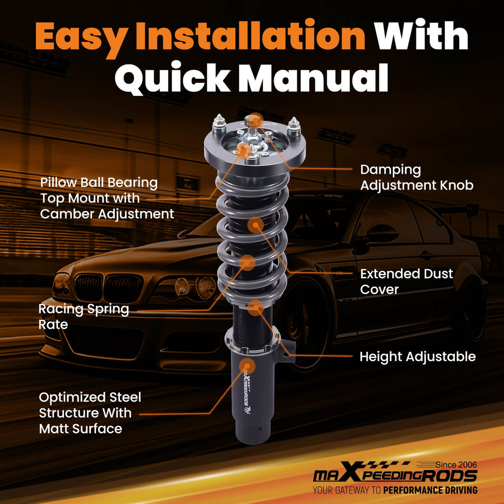 Maxpeedingrods T7 coilovers (gängade stötdämpare) passar till BMW 3-serie E90 E91 E92 E93 2004-2013 | 24-stegs justerbara coilovers, sänkning 25-75 mm