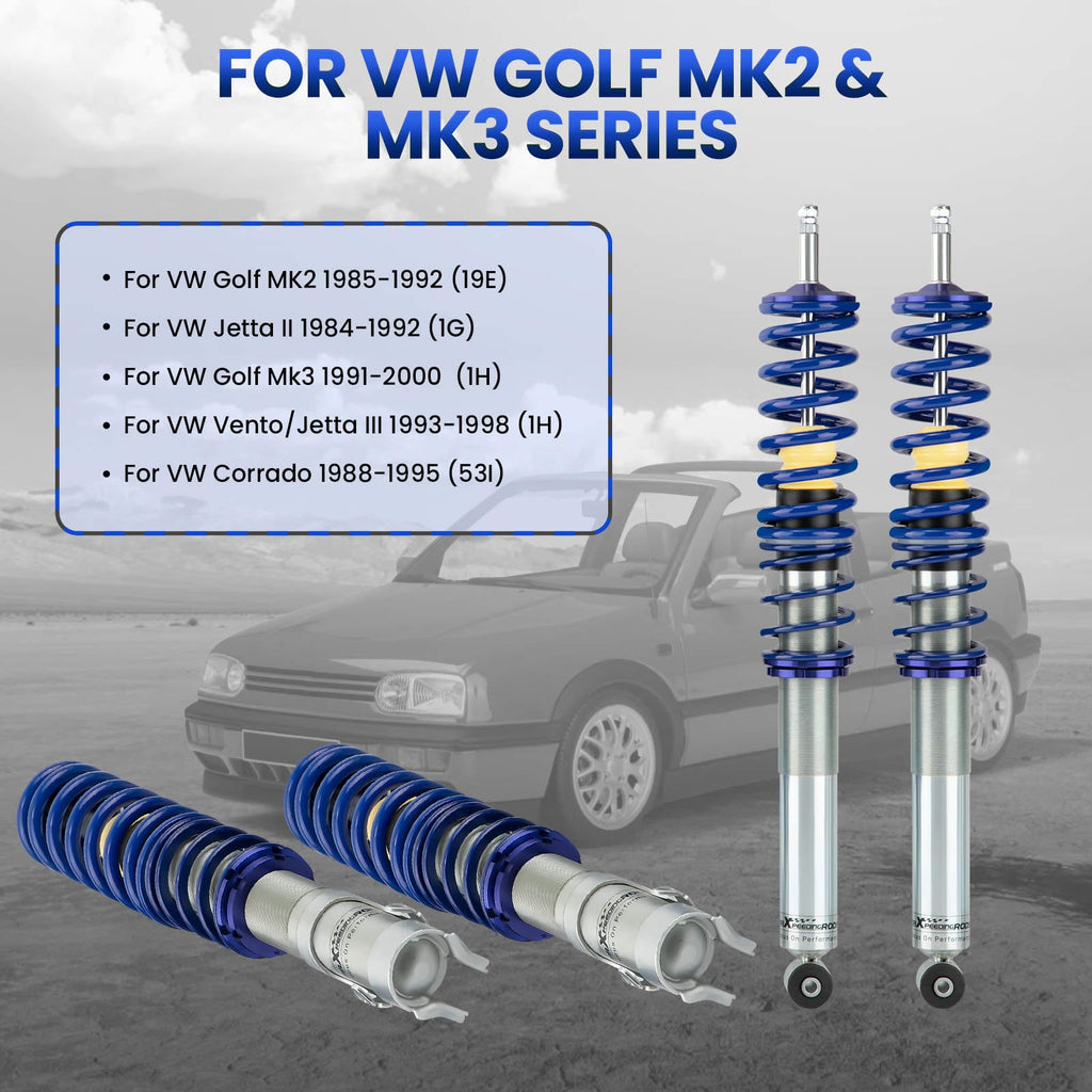 Skruppesett egnet for VW Golf 2 og 3, Jetta 2, Vento, Corrado 1983-1999 | Coilovers med høydejustering