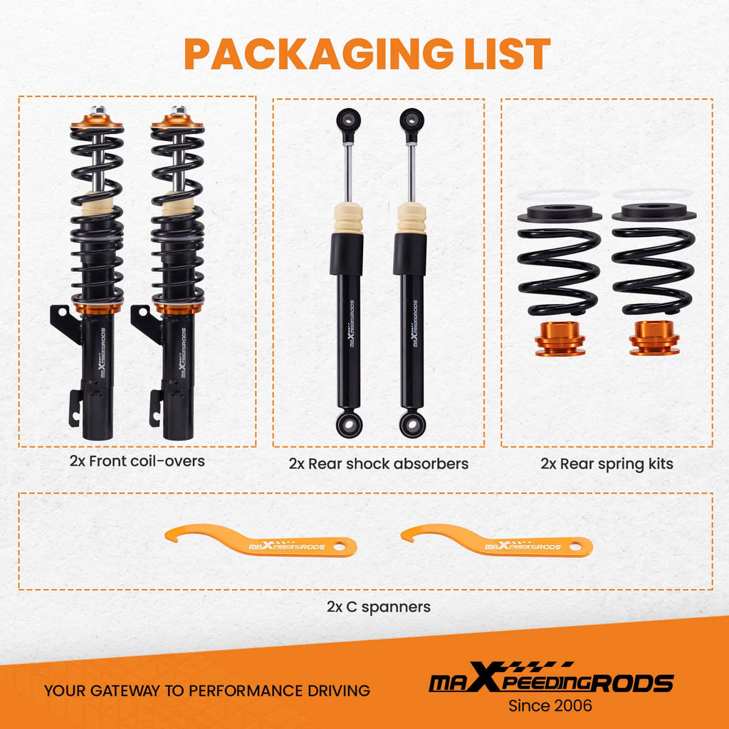 Coilovers passar till Audi TT 8N quattro (coupé, roadster) 1998-2006 och VW Golf R32 2004 | Coilovers höjdjusterbara