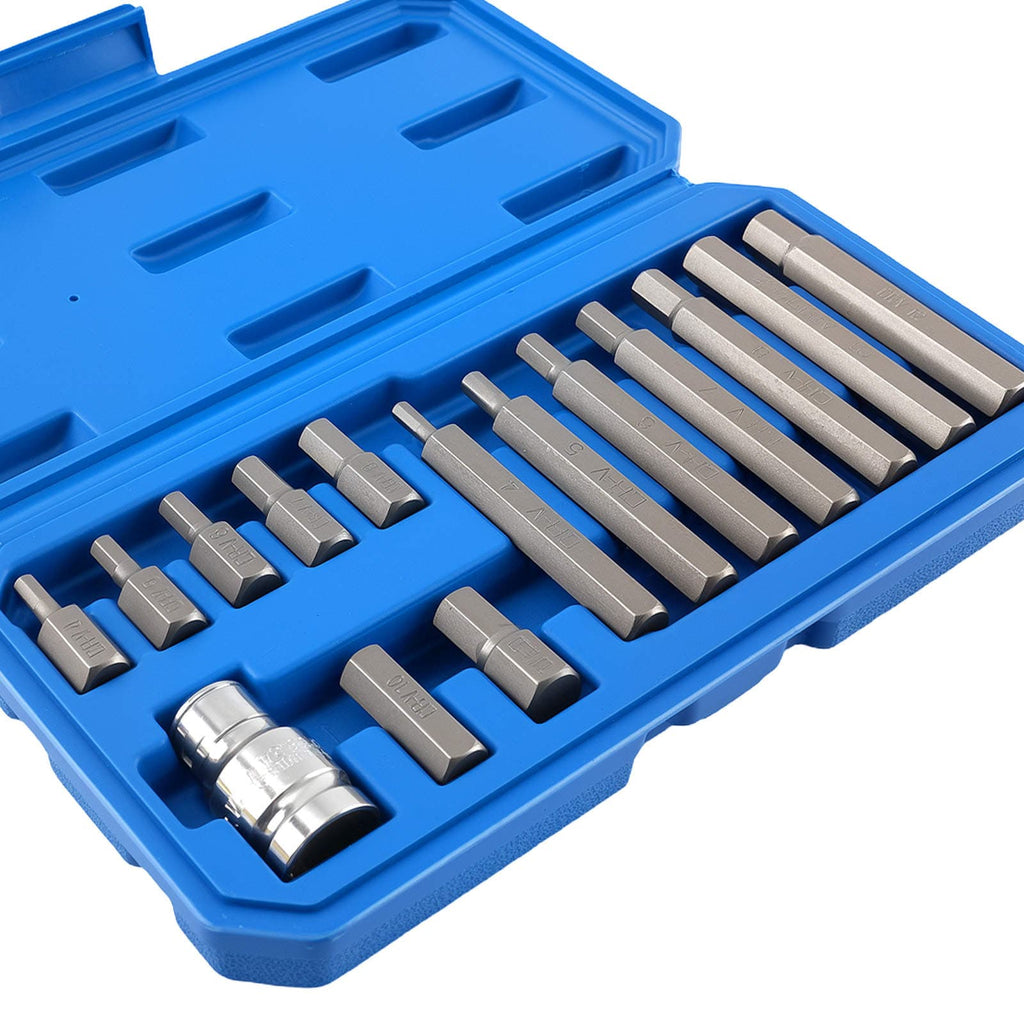 15 sekskant-unbrakonøkler CRV 30/75 mm H4 H5 H6 H7 H8 H10 H12 1/2" hylse