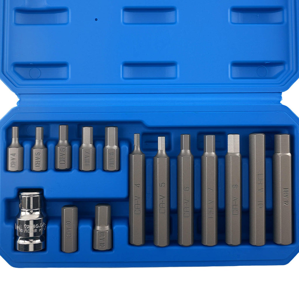 15 sekskant-unbrakonøkler CRV 30/75 mm H4 H5 H6 H7 H8 H10 H12 1/2" hylse