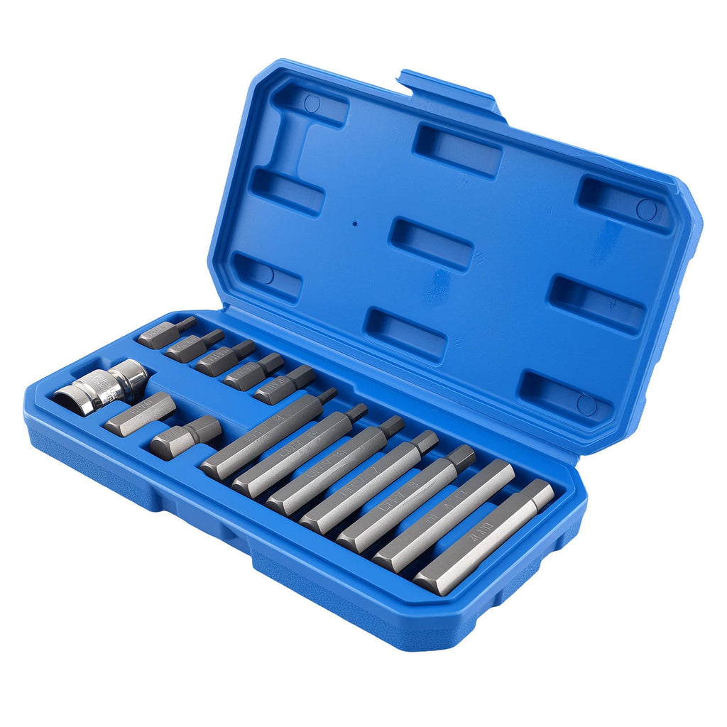 15 sekskant-unbrakonøkler CRV 30/75 mm H4 H5 H6 H7 H8 H10 H12 1/2" hylse