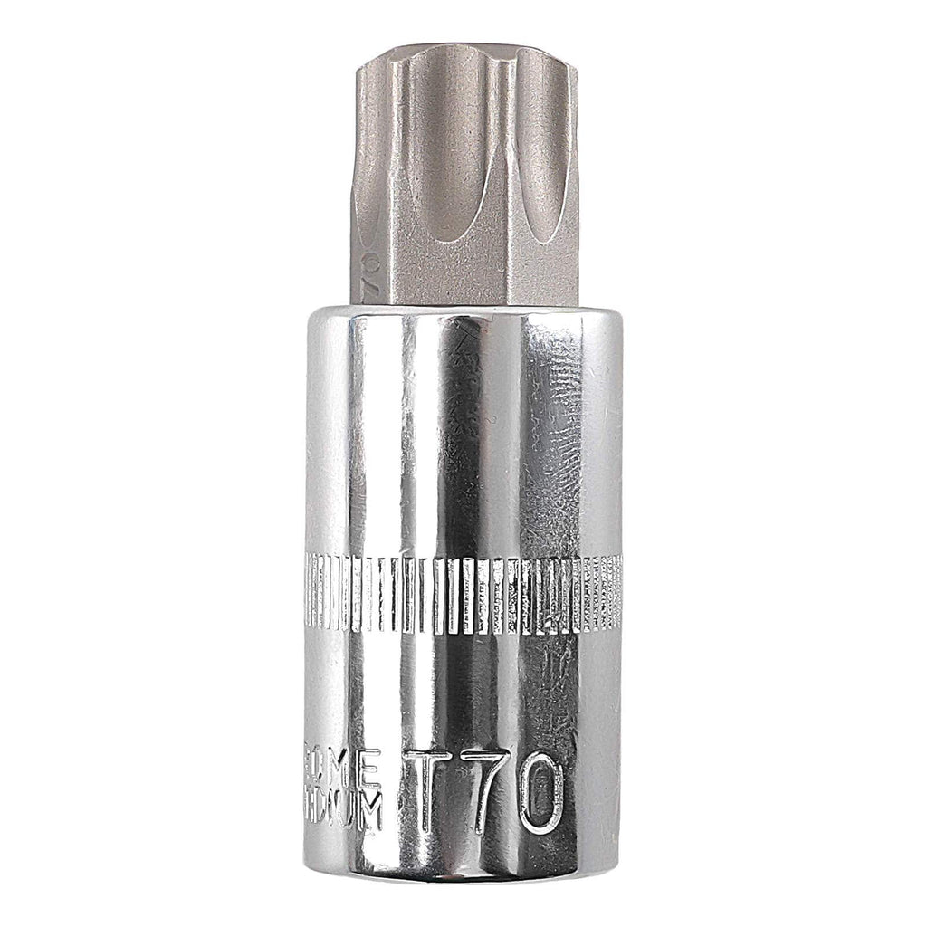 Set med 13 st. CRV-stjärnhylsor 1/4" 3/8" 1/2" T8-T70 för förvaring