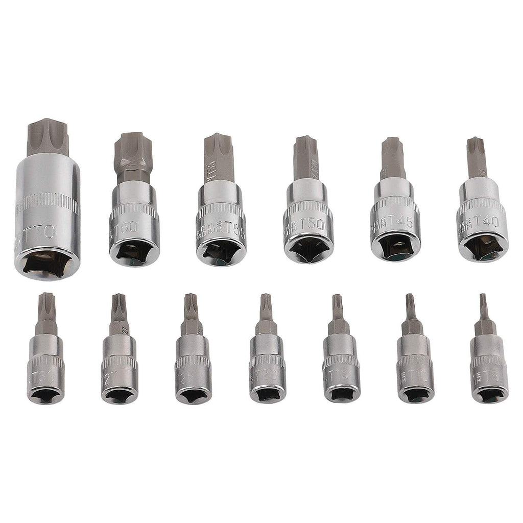 Set med 13 st. CRV-stjärnhylsor 1/4" 3/8" 1/2" T8-T70 för förvaring