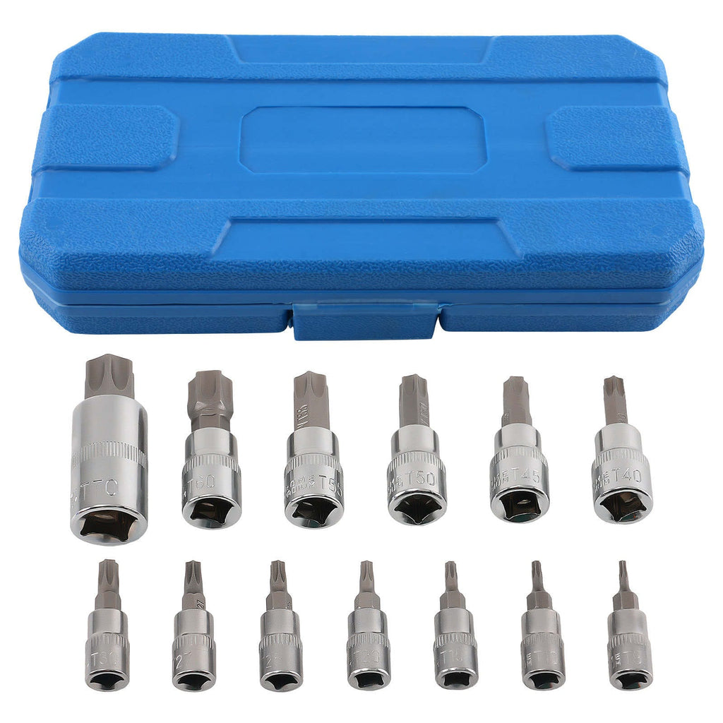 Set med 13 st. CRV-stjärnhylsor 1/4" 3/8" 1/2" T8-T70 för förvaring
