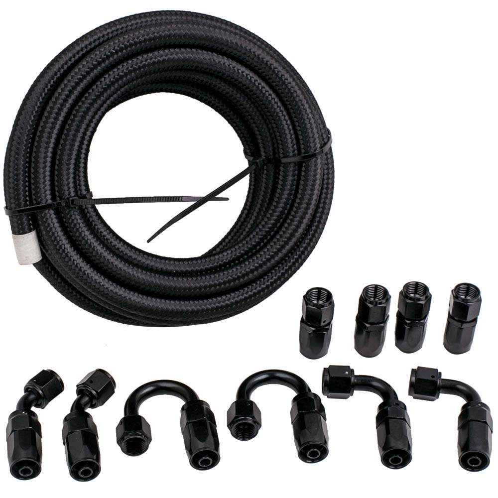 AN6 brændstofslangesæt 6 m (20 ft) nylon/rustfrit stål flettet med 10 drejelige AN6-fittings til brændstof og olie