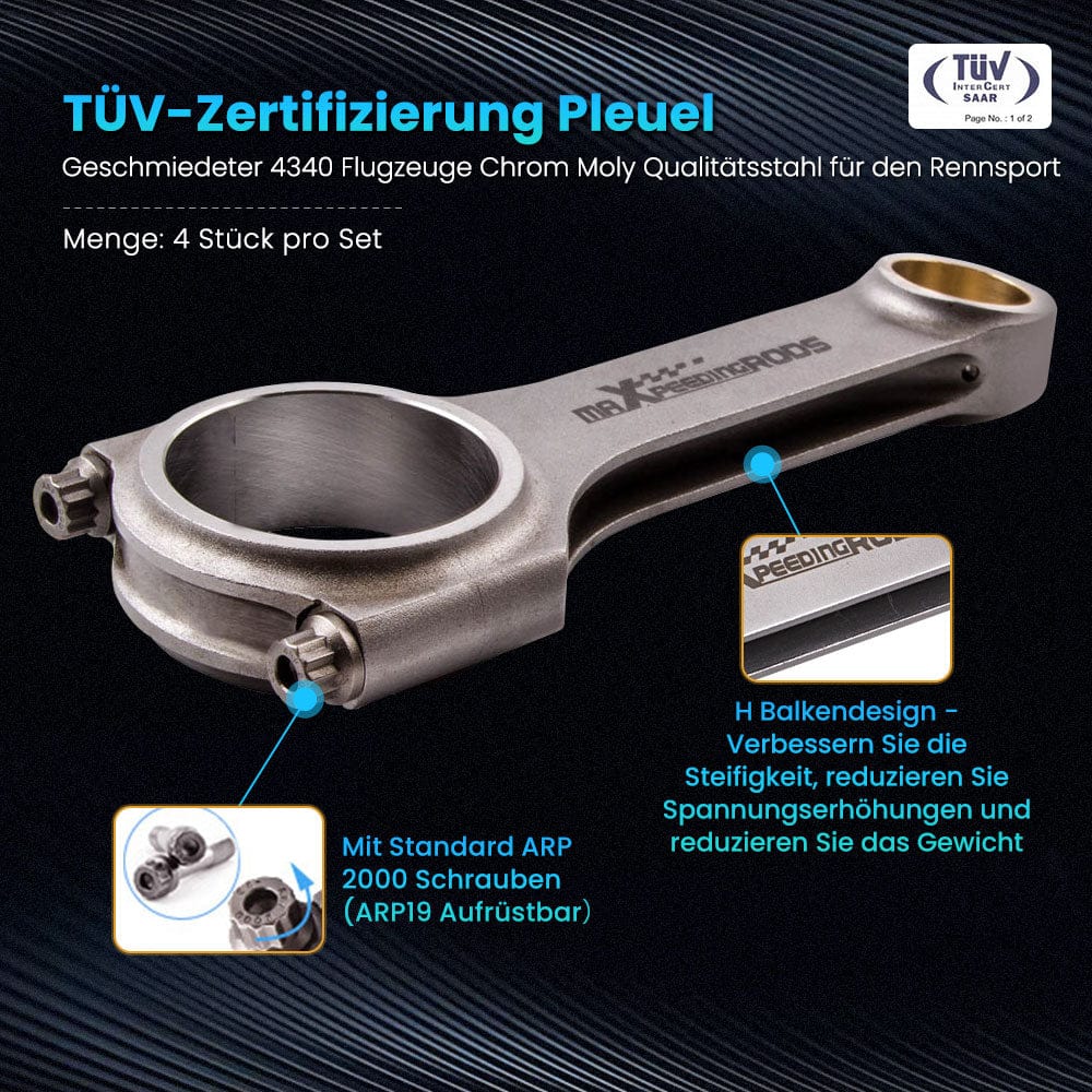 Kiertokanget H-profiili 4 kpl:n sarja sopii malliin VW Audi 1.8T 20V (Golf 4 GTI, Passat, A3, A4, TT) | 144 mm, tappi 19 mm, ARP 2000 -pultit