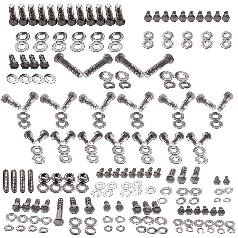 Bultsats rostfritt stål (205 delar) lämplig för Chevrolet small block 265 283 302 305 307 327 350 400 | Sexkantsbultar motor